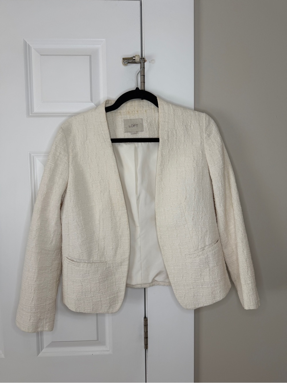 LOFT Cream Textured Jacket with Black Trim